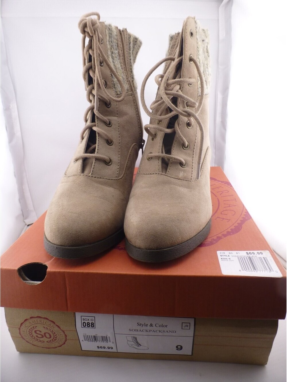 SO Authentic American Heritage Women's Size 9 Sand Wedge Ankle Boots Sweater M11